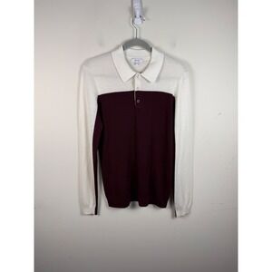 Reiss Ruffano Colorblock Knit Polo Shirt XS Burgundy Cream Long Sleeve Wool